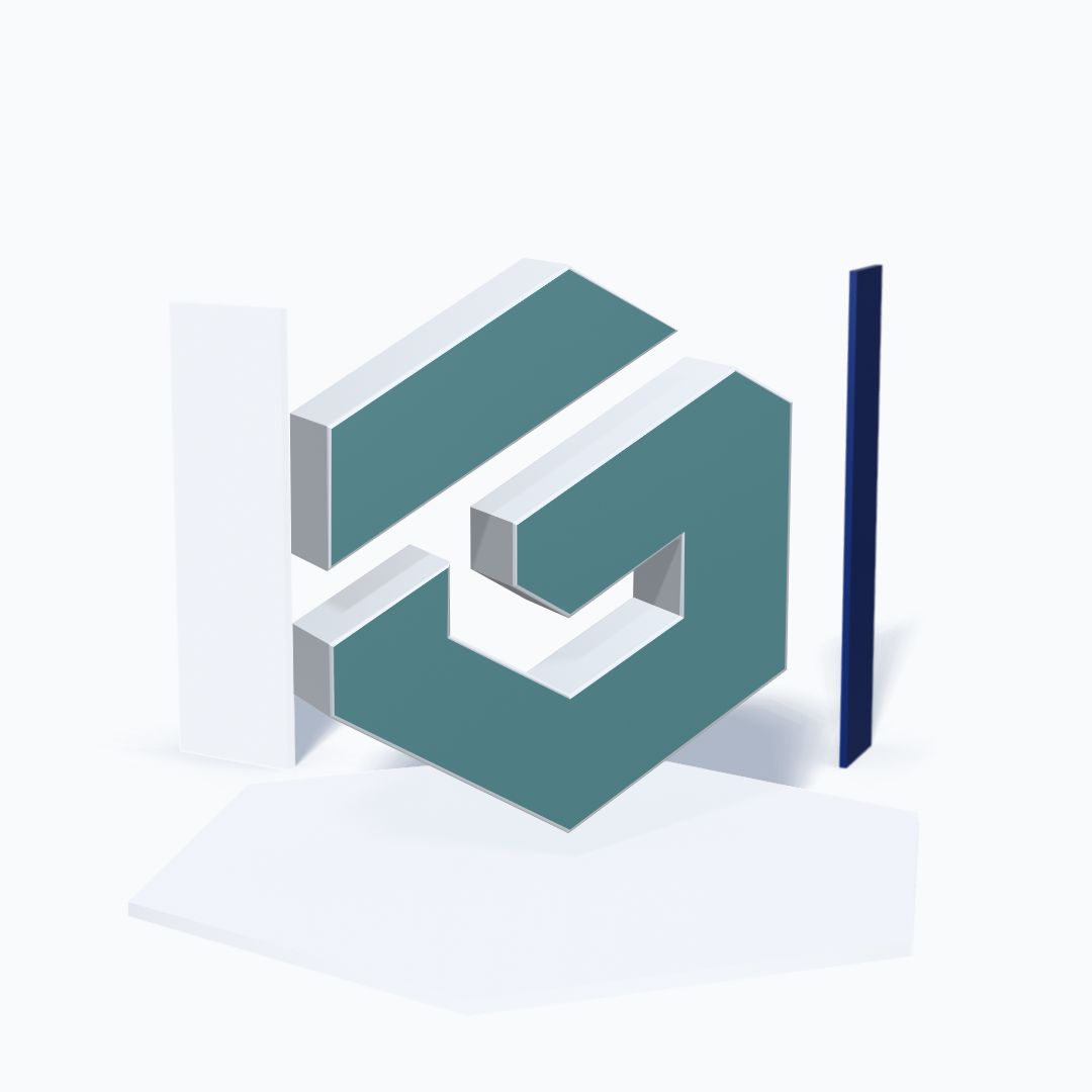 Sculptural three-dimensional interpretation of the C.G Solutions hexagonal mark in muted teal, standing on a pearl studio surface.
